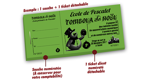 20 carnets de tombola école de 5 tickets pour la tombola de l'école.