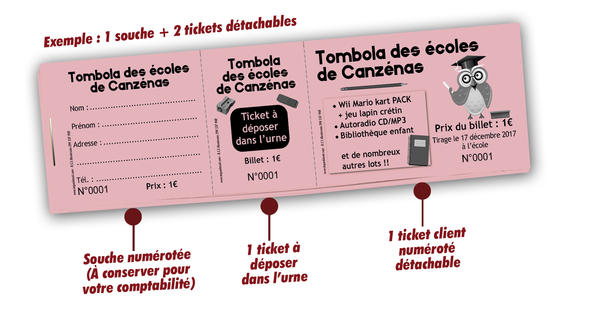 billets de tombola pour les écoles canzenas